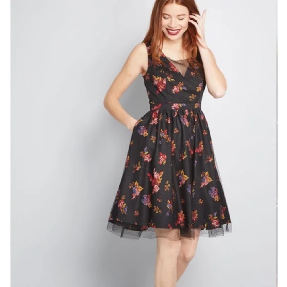 Modcloth Black Floral Midi Dress with Multicolor Blooms